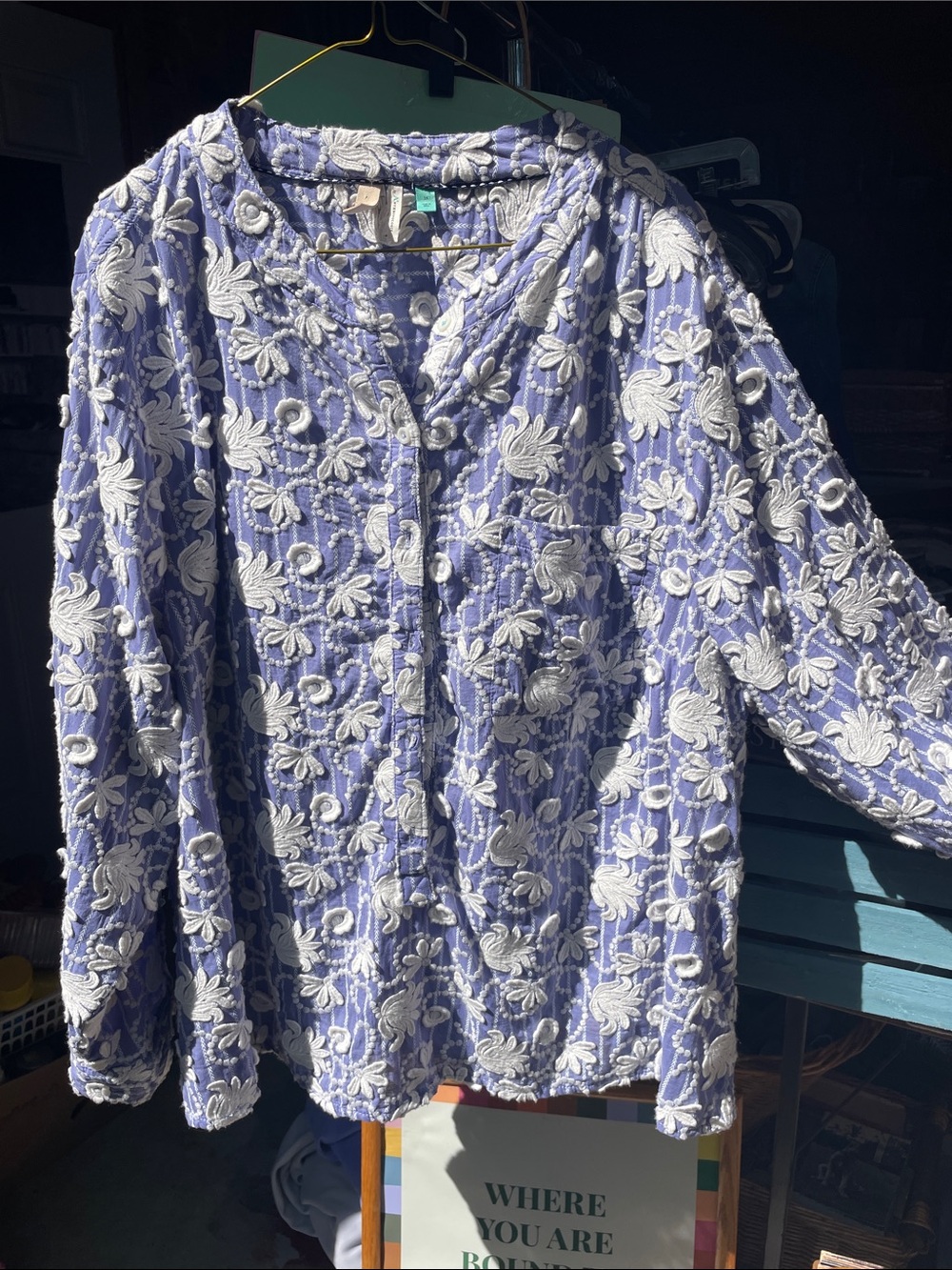 PILCRO BY ANTHROPOLOGie 3X CREWEL EMBROIDERED COTTON SHIRT TOP BLOUSE